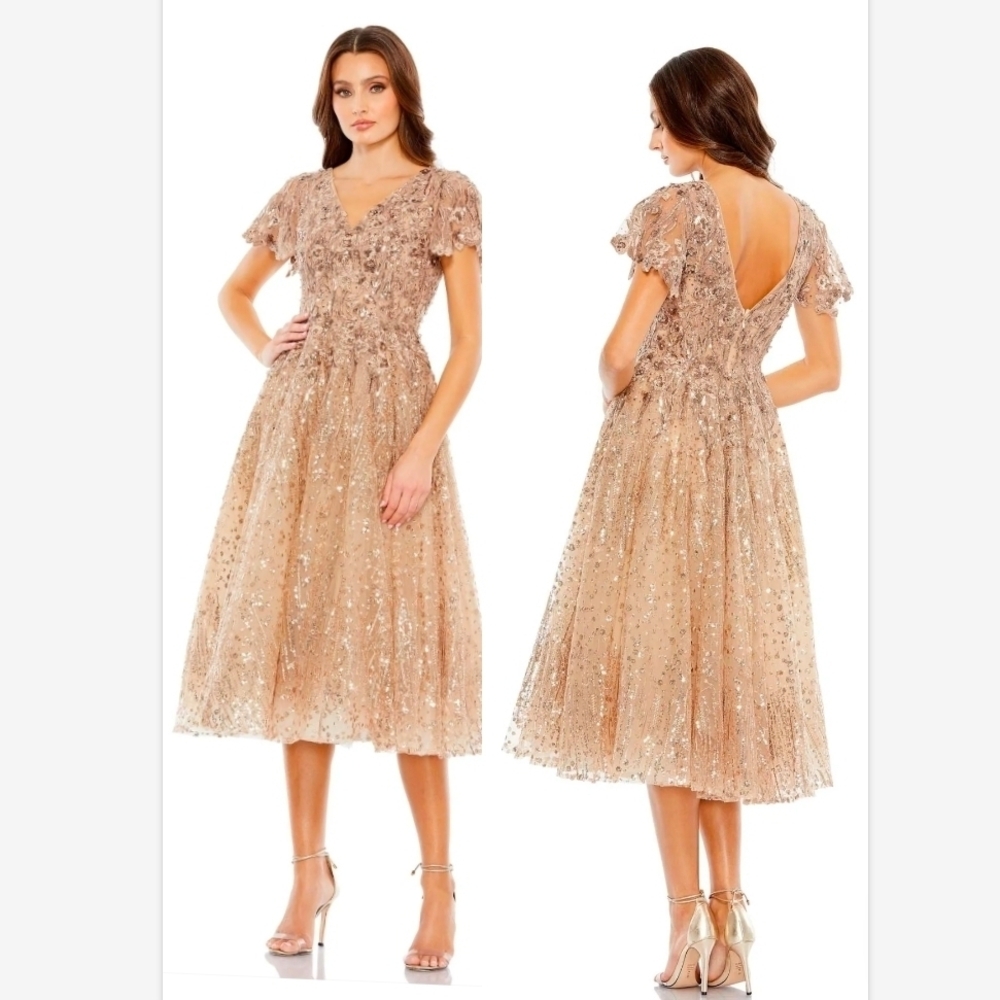 NWT Mac Duggal Embellished 20392 Midi Dress Taupe Sz 16